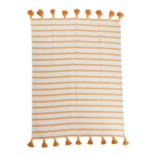 Golden Yellow Striped Cotton Throw Blanket with Tassels